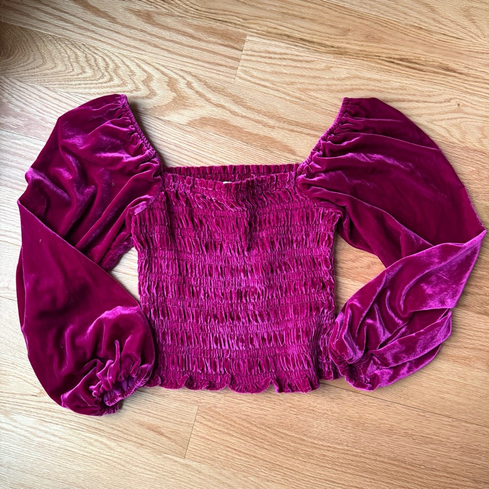 Anthropologie Jewel-Tone Pink Puff-Sleeve Velvet Blouse Peasant Smocked - Size S